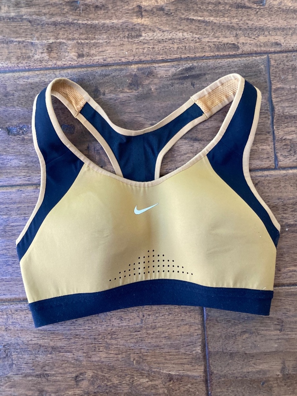 NIKE Dri-FIT Swoosh Racerback Sports Bra Womens Size XS Gold Black